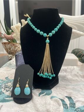 Brand New! Turquoise Beaded Boho Tassel Necklace and Earrings
